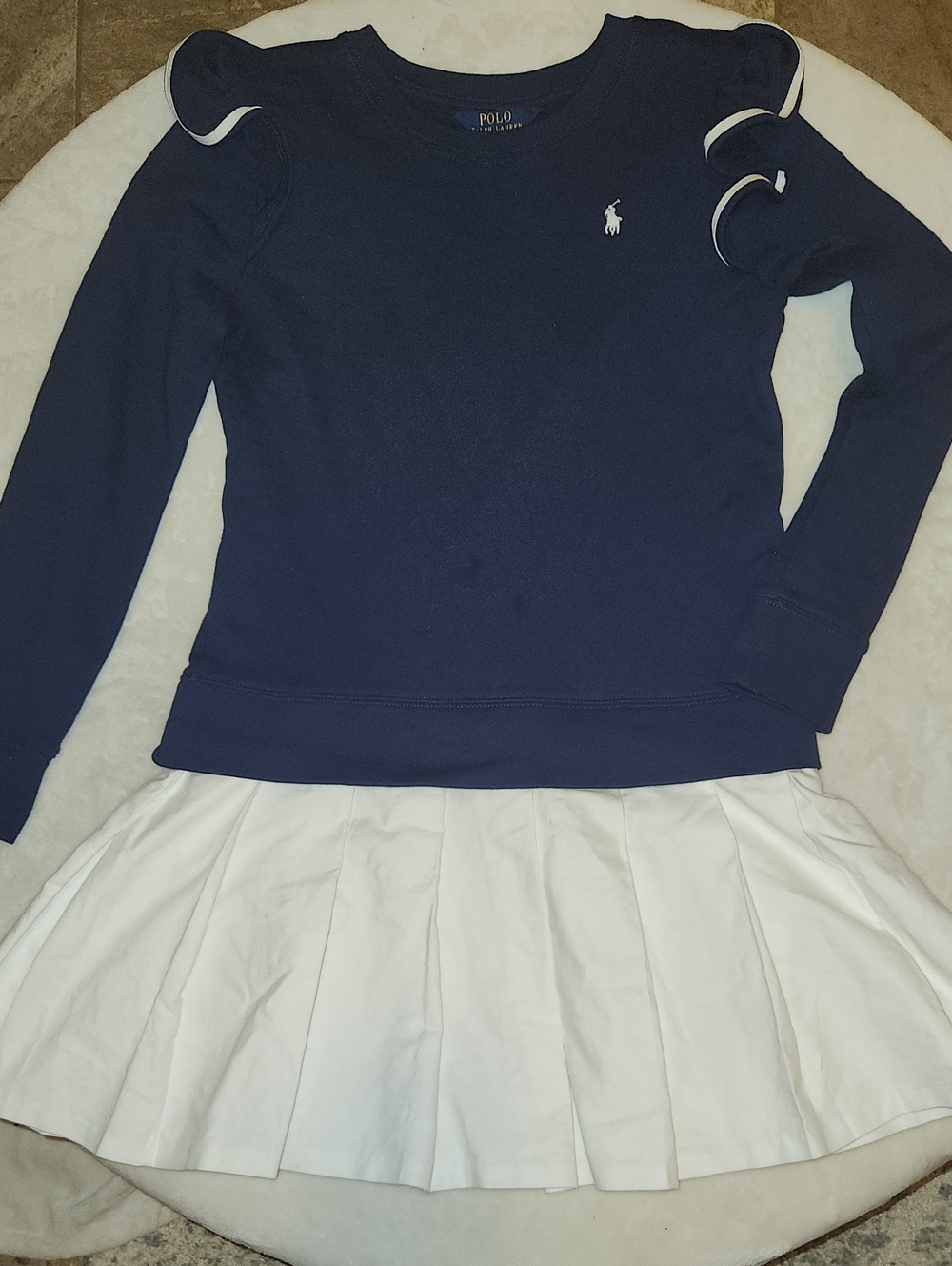 Polo by Ralph Lauren Navy Crewneck Sweatshirt Dress. Bottom Of Dress is Pleated